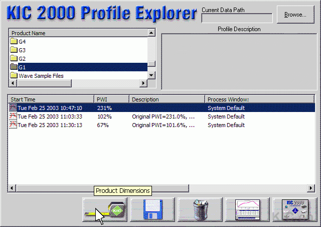 [KIC 2000 Profile Explorer - Auto-Focus Product Dimension screen]